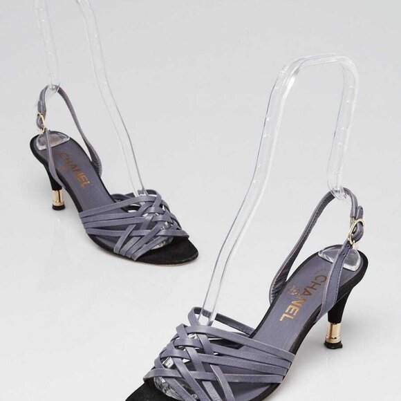Chanel Grey Leather Strappy Sling Back Heels Size 7/37.5 - Picture 2 of 5
